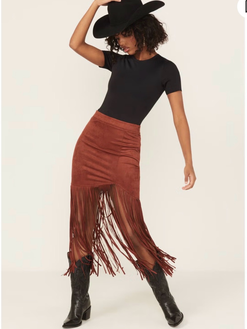 Women's Brown Fringe faux Suede Midi Skirt
